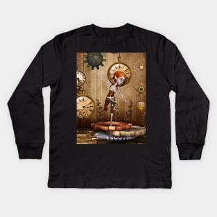 Cute little steampunk girl with clocks and gears Kids Long Sleeve T-Shirt